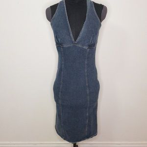 Vintage 90s rockabilly stretchy denim halter dress pencil skirt